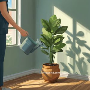 A person watering a thriving green plant at its base with a watering can.